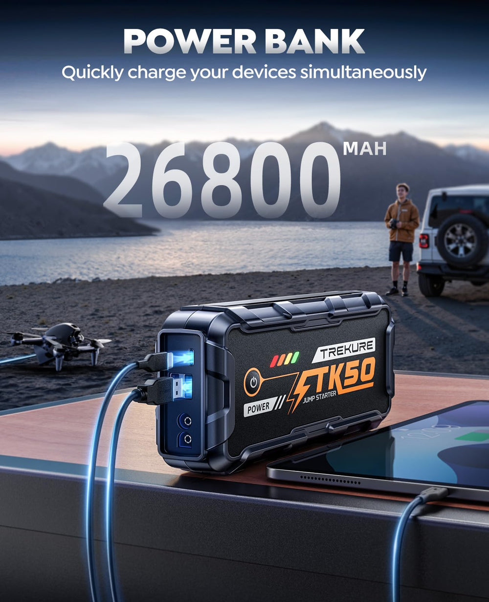 TREKURE car jump starter with 800 lumens LED light for roadside visibility