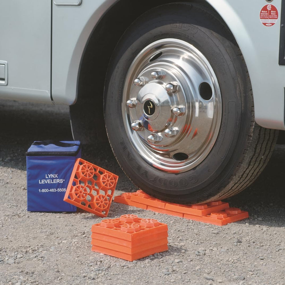 Tri-Lynx Lynx Levelers under tandem axles to simplify RV leveling.