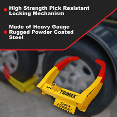 Trimax TCL75 installed on a trailer wheel for secure locking.