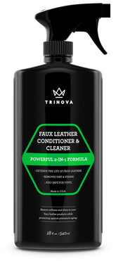 TriNova Faux Leather Cleaner bottle pouring to revitalize synthetic leather surfaces.