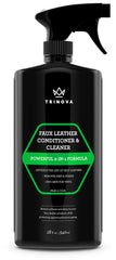 TriNova Faux Leather Cleaner bottle pouring to revitalize synthetic leather surfaces.
