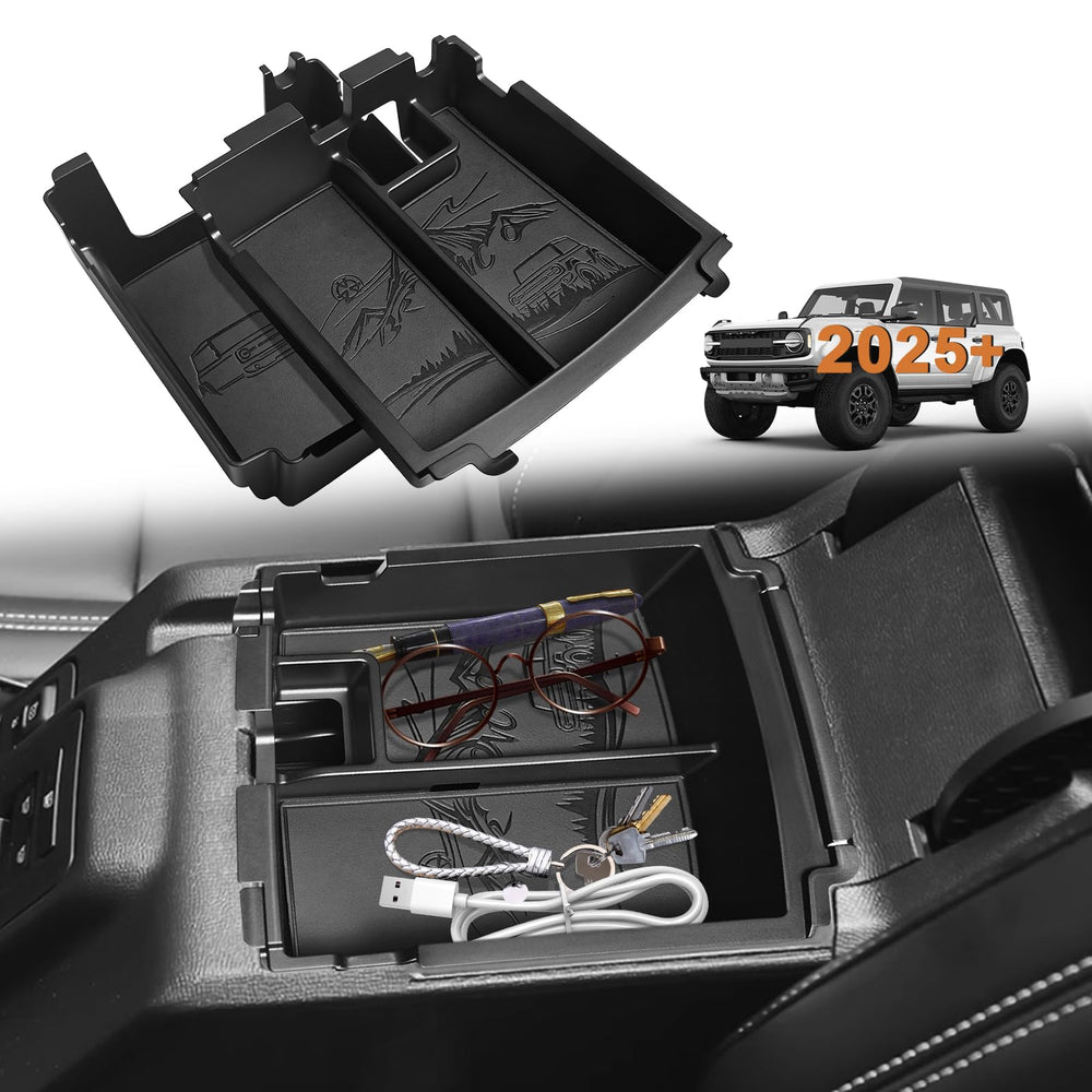 TripleAliners center console Bronco 2025 two-layer leather-trim for organized storage