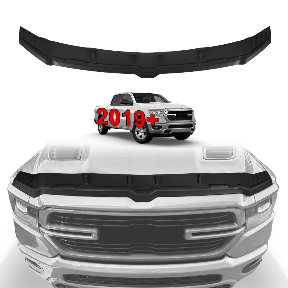 TripleAliners hood deflector on Ram 1500 front view enhances wind deflection and hood protection.