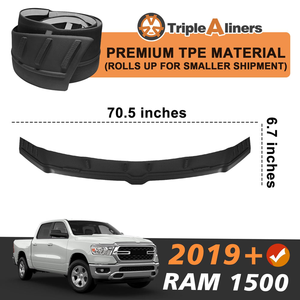TripleAliners rock-chip shield covers Ram 1500 hood against projectiles at highway speeds.