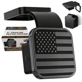 TrkWyze 2in hitch cover with flag plate shows secure aluminum design with peel resistance
