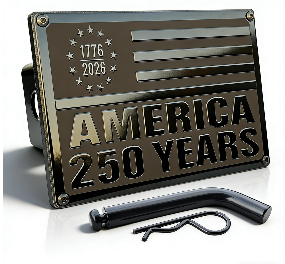 TrkWyze American flag hitch cover on display, patriotic trailer accessory for pride on the road