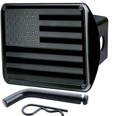TrkWyze American flag hitch cover in 2-inch receiver for durable outdoor use.