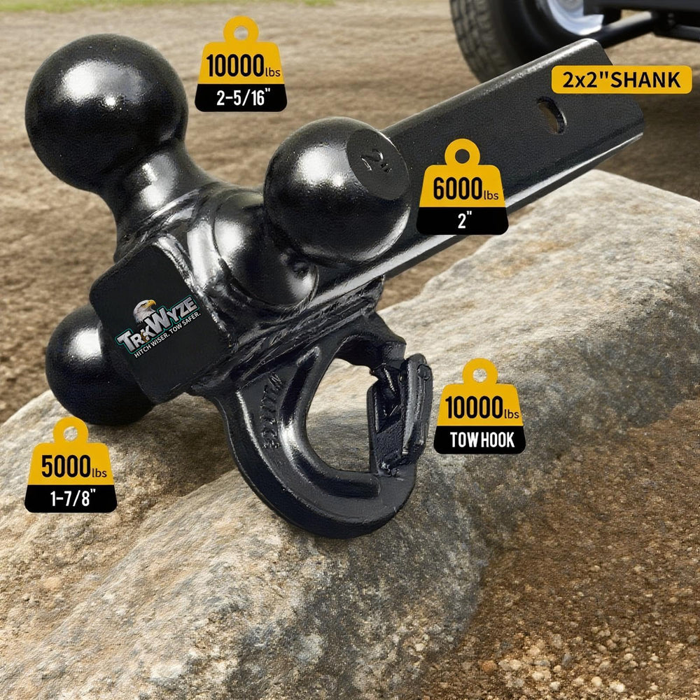TrkWyze tri-ball hitch with 2-inch ball for mid-size loads.