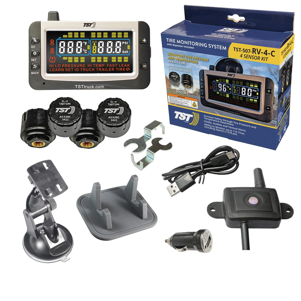 TRUCK SYSTMS TST507 display shows a bright TPMS interface for RV safety