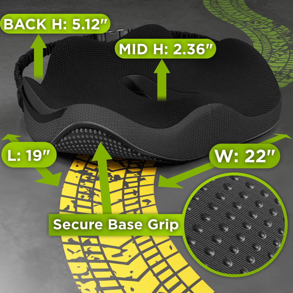 Truckules XL cushion on a driver seat demonstrates secure fit.