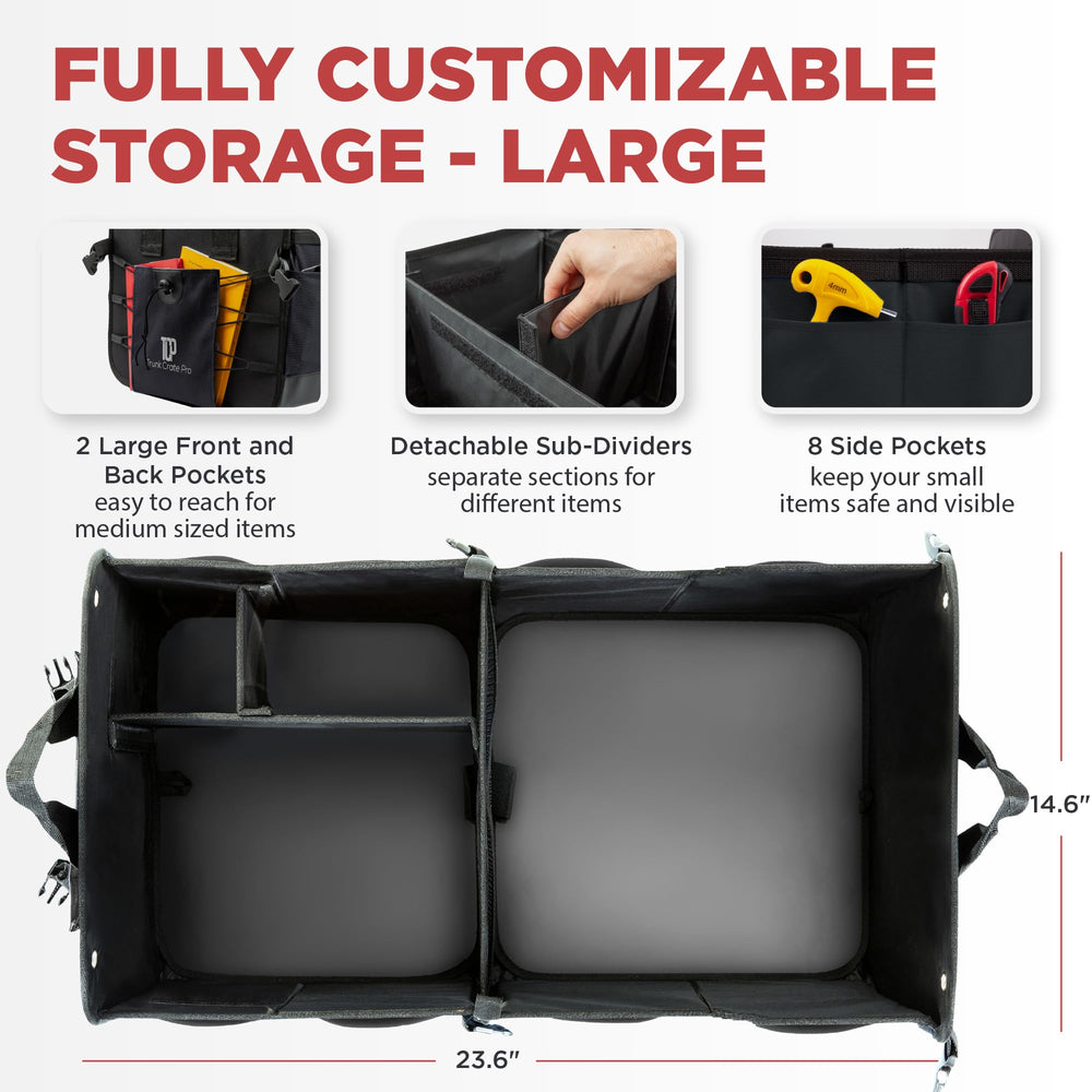 TRUNKCRATEPRO adjustable compartments allow customized storage for gear and groceries.