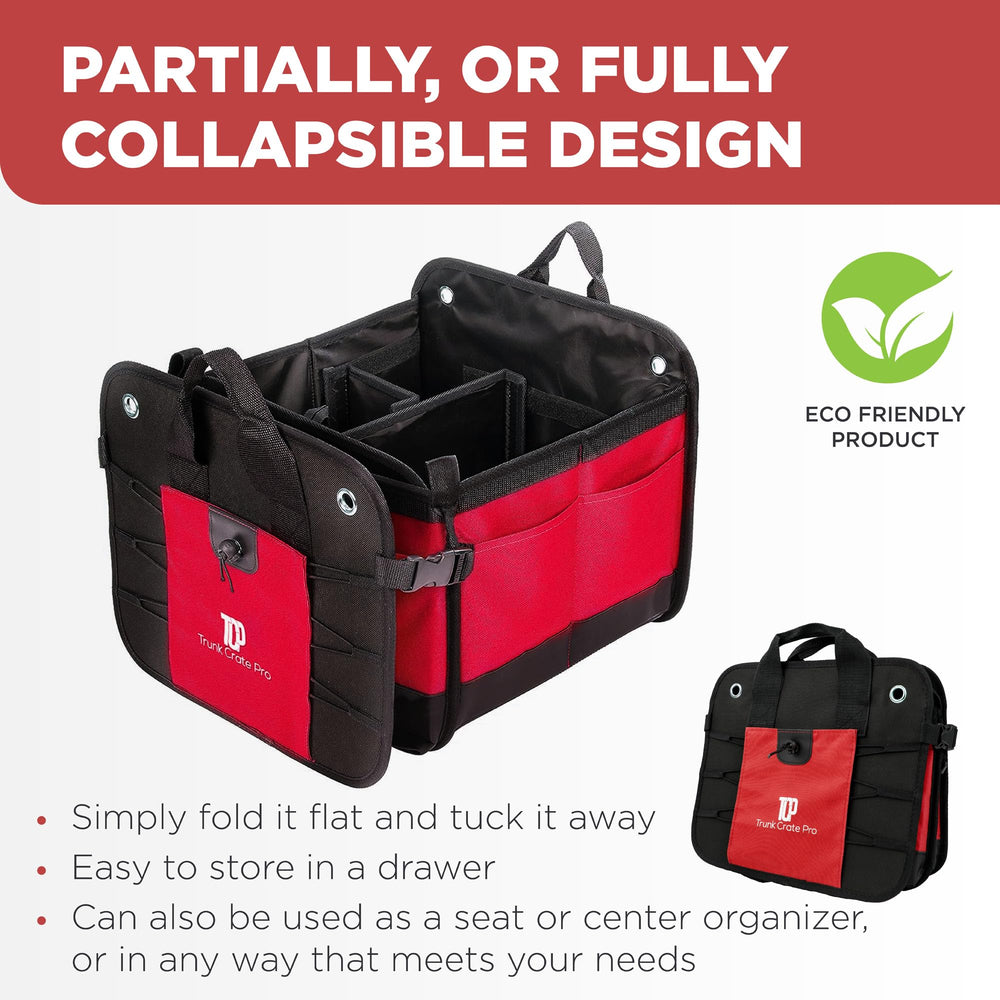 TRUNKCRATEPRO red trunk organizer adjustable straps secure cargo during drives
