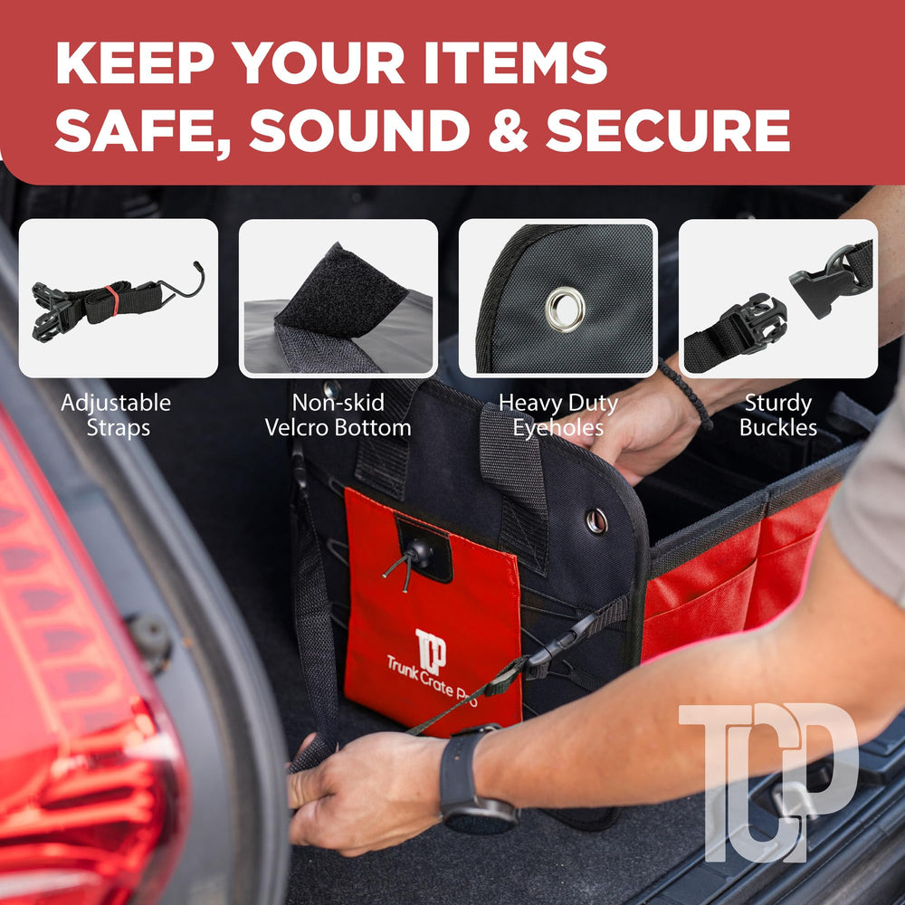 TRUNKCRATEPRO red trunk organizer interior view showing reinforced stitching