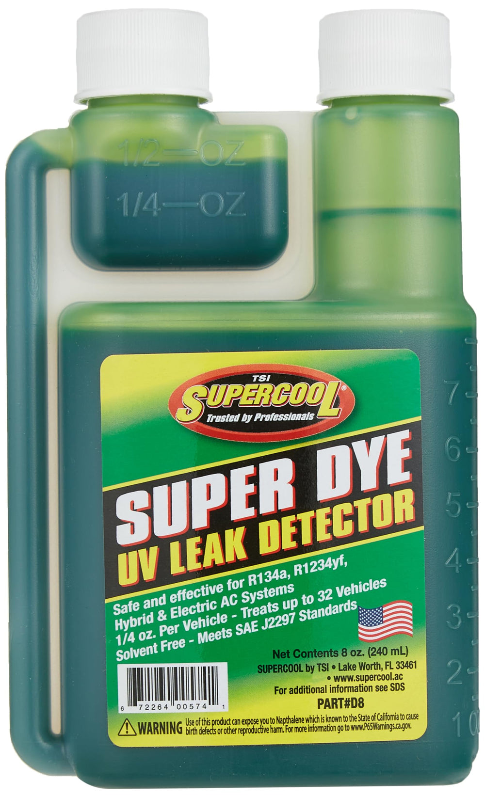 TSI Supercool D8 dye bottle in green for easy self-measurement and dosing.