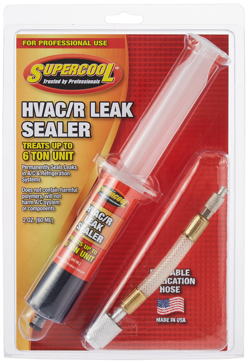 TSI Supercool leak-stop syringe with application hose sealing an HVAC leak for repair.