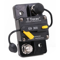 T Tocas E9 front view shows rugged circuit breaker for auto installations.