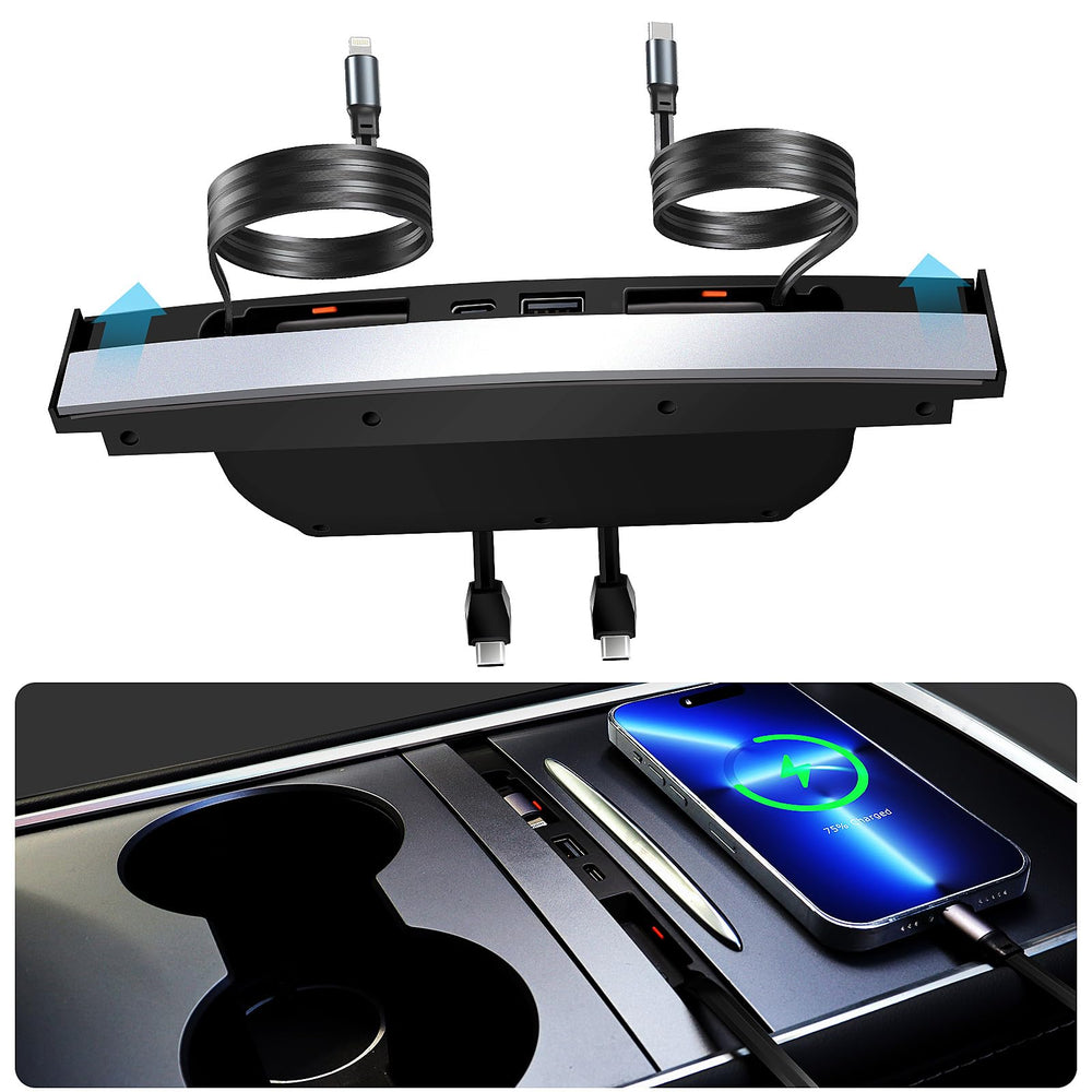 TUDEAO USB Charger Hub in Model Y center console for clean, ready charging