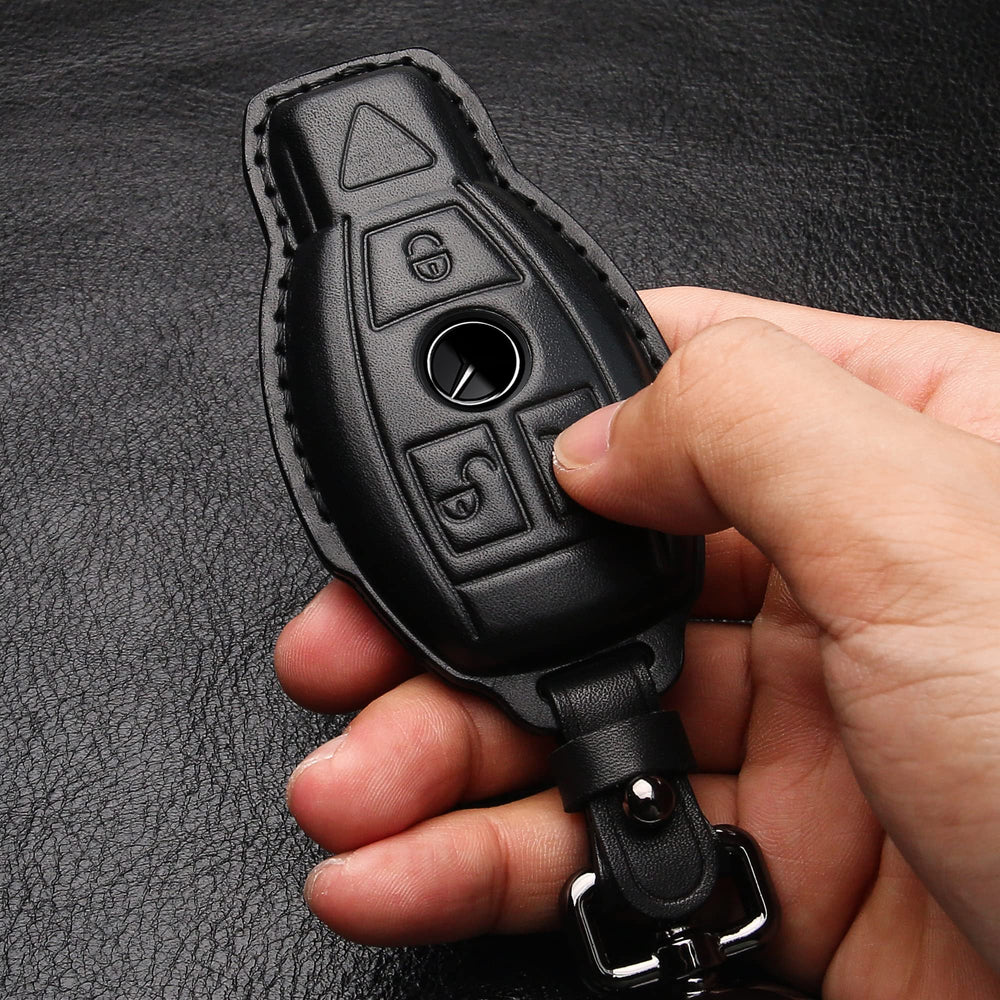 Tukellen Mercedes-Benz key fob cover packaging display emphasizes premium leather styling.
