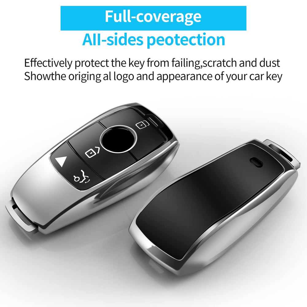 Tukellen Mercedes key fob cover silver back view highlighting 360-degree protection.
