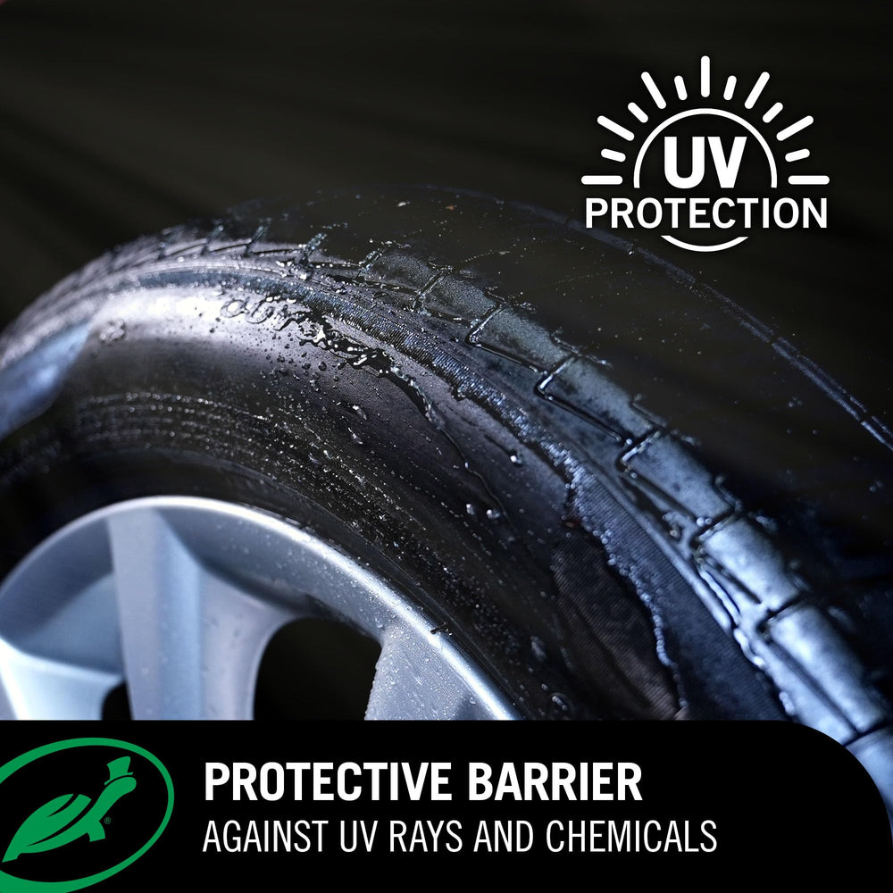 Turtle Wax demonstrates UV protection features on a treated tire finish.