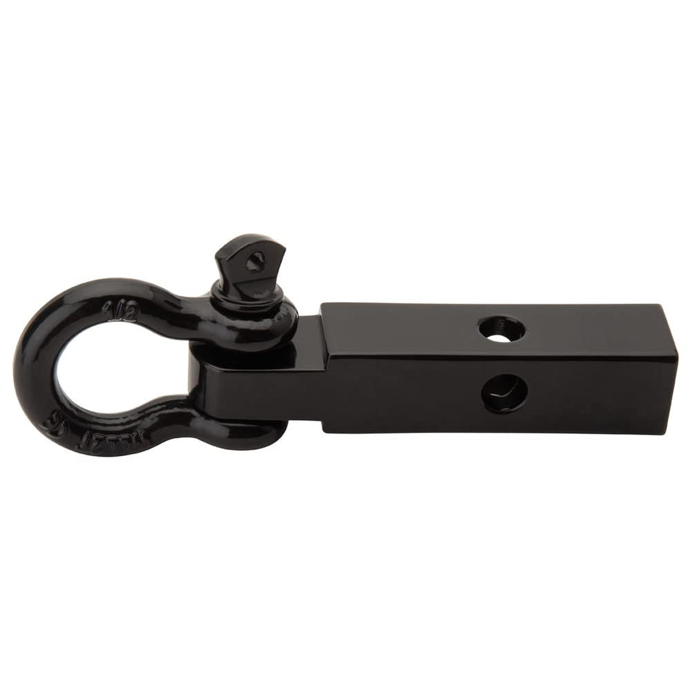 TUSK hitch with shackle, black powder coat, side view showing weather-resistant finish