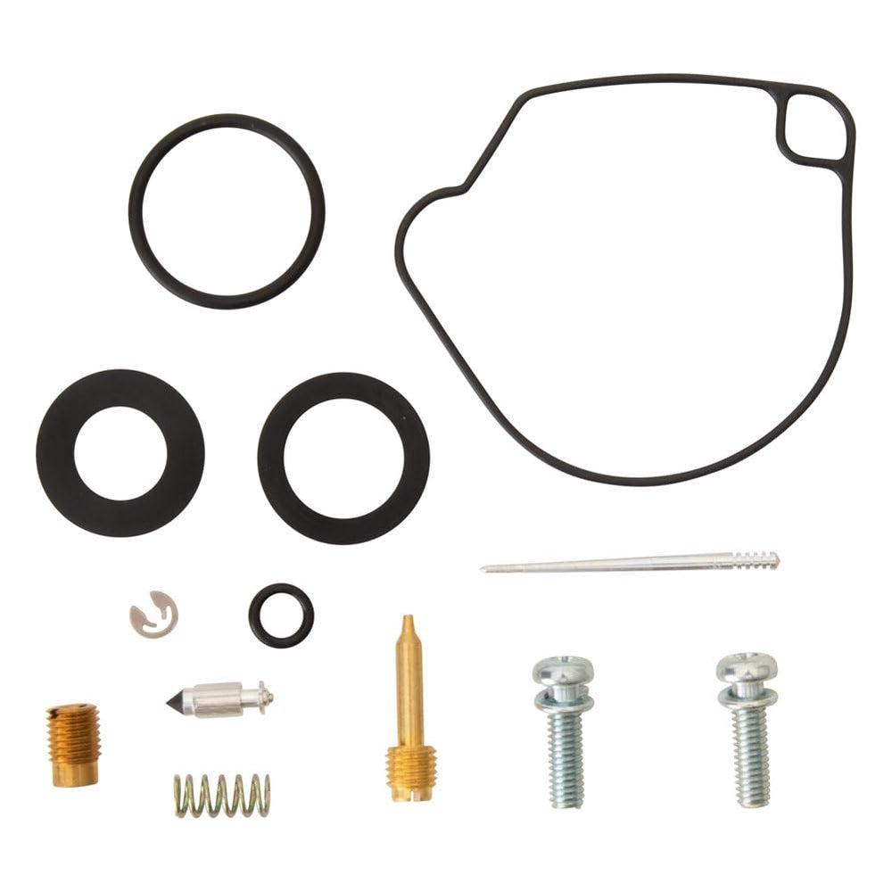 Tusk carburetor rebuild kit components arranged for CRF50F maintenance