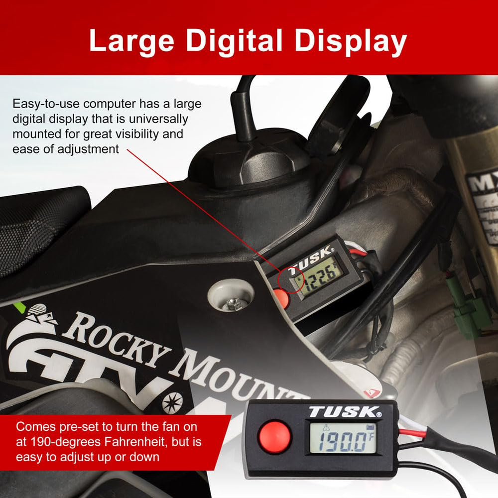 TUSK Digital Radiator Fan Kit controller close-up emphasizing digital display and adjustable settings.