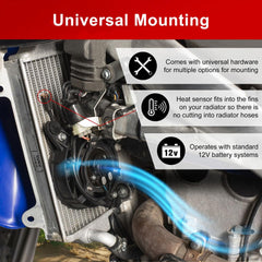 TUSK Digital Radiator Fan Kit mounted on radiator fin demonstrates sensor placement for automatic trigger.