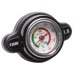 Tusk high-pressure radiator cap with temperature gauge enables quick temperature awareness on the trail.