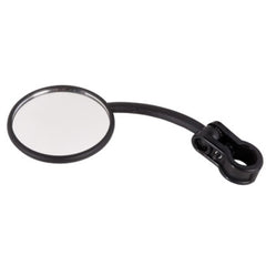 Tusk left-hand dual sport mirror on handlebars enhances rear visibility for street and trail rides.
