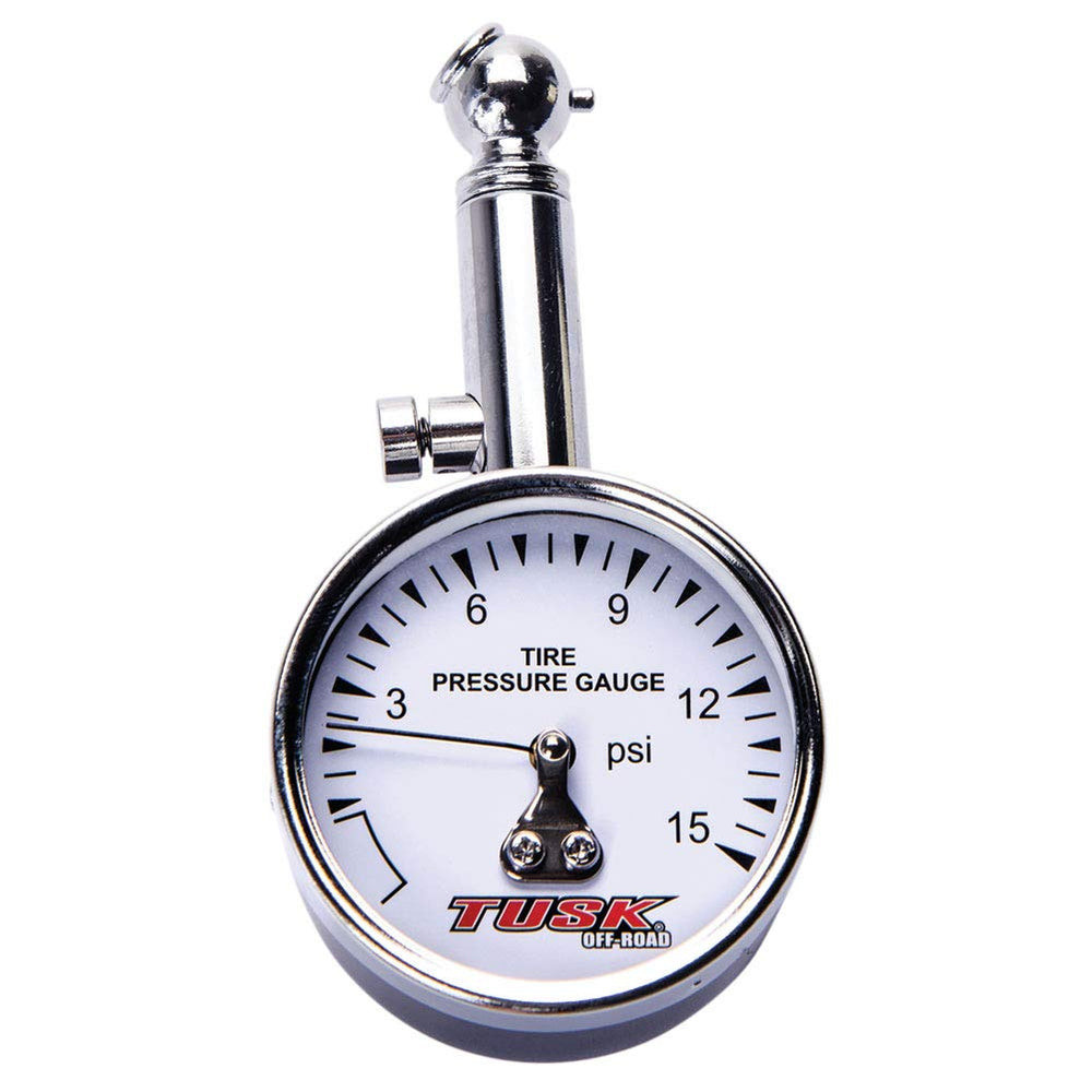 Tusk low pressure dial tire gauge analog dial helps quick ATV, UTV, and motorcycle tire checks.