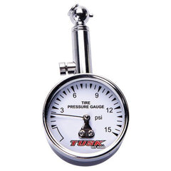 Tusk low-pressure dial tire gauge bleeder button closeup shows simple zeroing to hold readings.