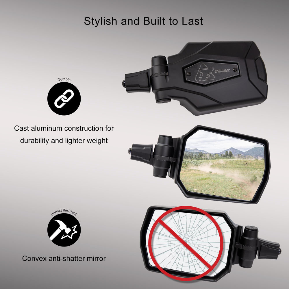 TUSK UTV mirror with adjustable head for customized viewing angles.