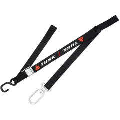 Tusk tie-down with swivel-hook securely attaches for motorcycle transport