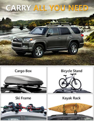 300 lb weight capacity supports kayaks, ladders, and rooftop cargo.