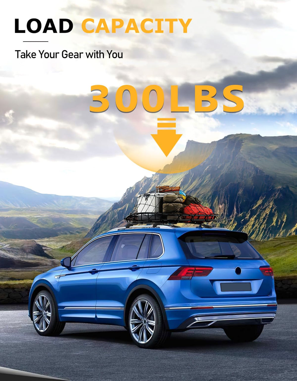Tuyoung crossbars demonstrating 300lbs load capacity for ladders and luggage.