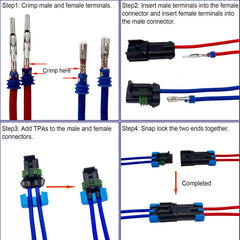 Twippo 14-12 AWG connector with male and female terminals for easy crimping.