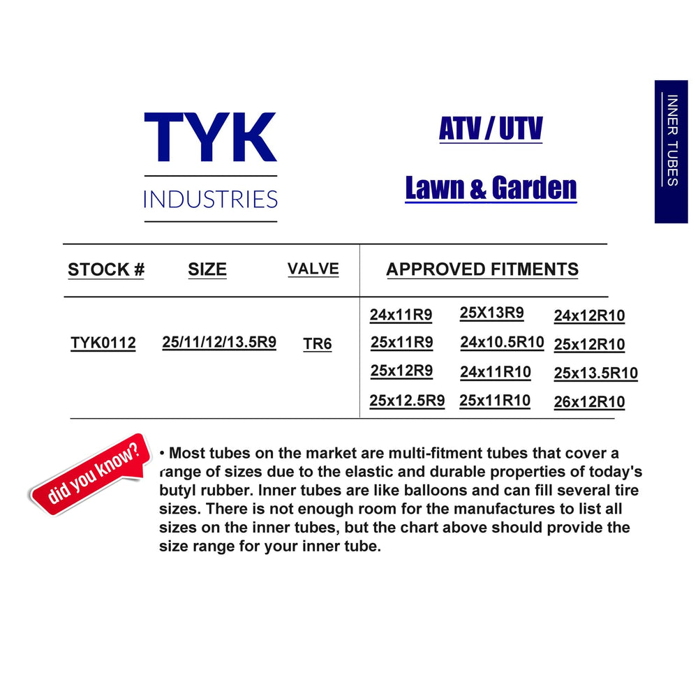 TYK Industries inner tube installed on ATV/UTV demonstrates wide wheel compatibility.