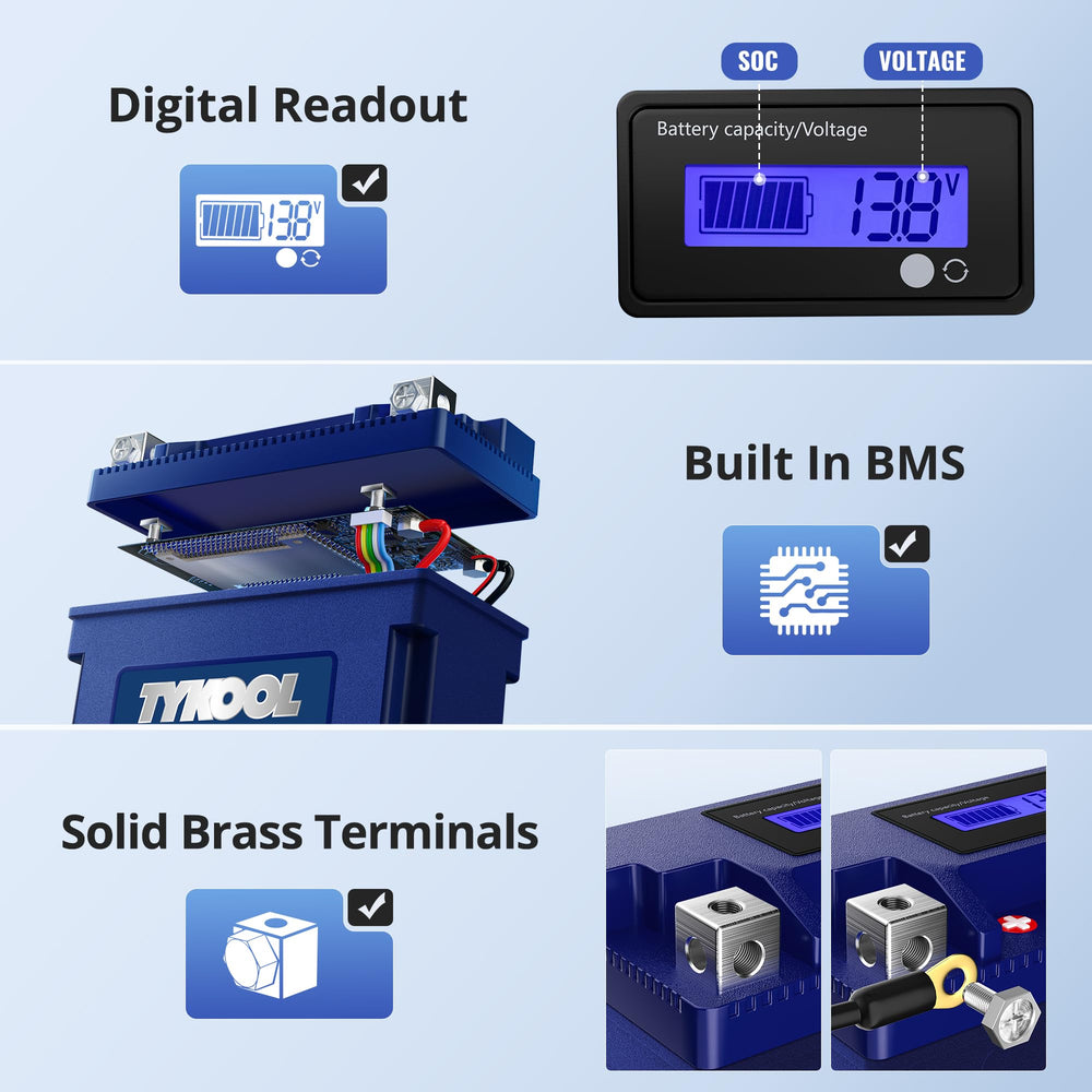 TYKOOL LFP12B-BS-PRO terminal close-up with brass terminals for reliable power transfer.