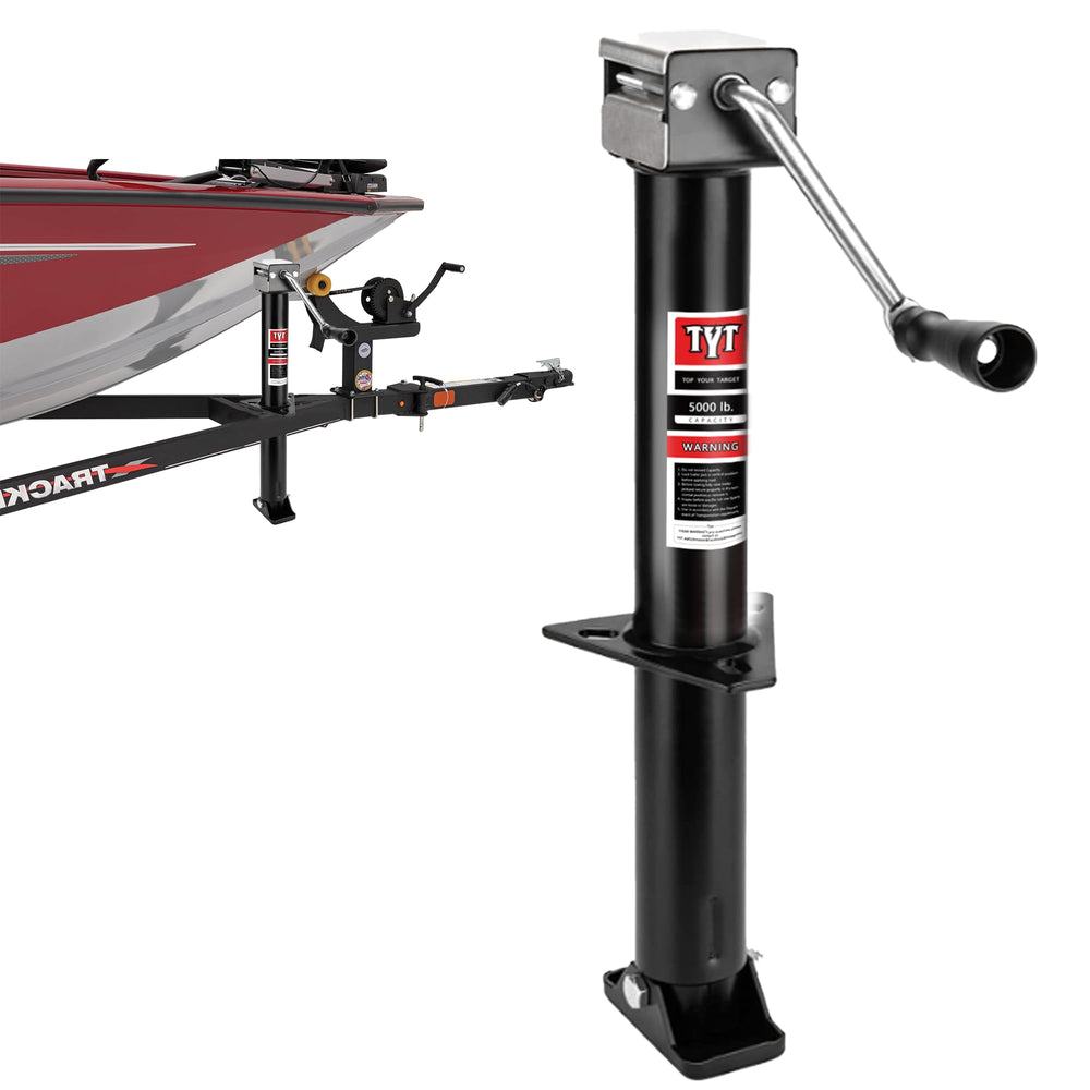 TYT heavy-duty A-frame trailer jack with 15in vertical travel for quick height changes.