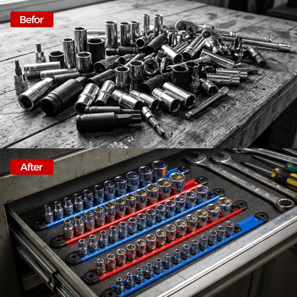 Tzuoen socket rail fully assembled in a workshop toolbox setup