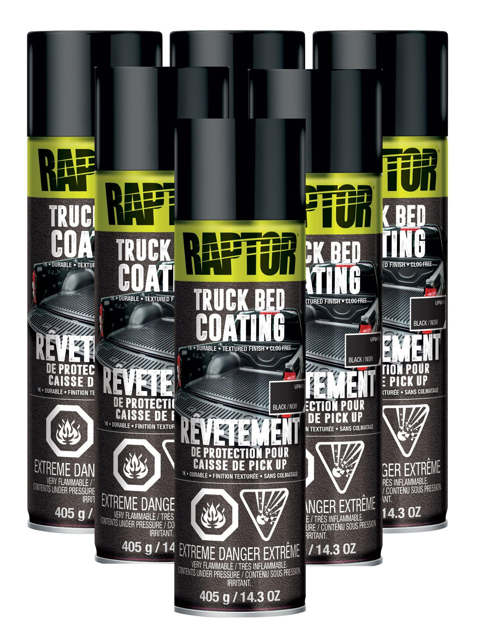 U-Pol Raptor 1K bed liner aerosol can in black protects truck bed surfaces.