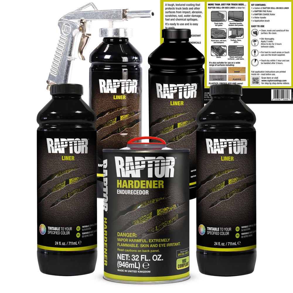 U-POL Raptor tintable bed liner kit with spray gun for fast, even coating.