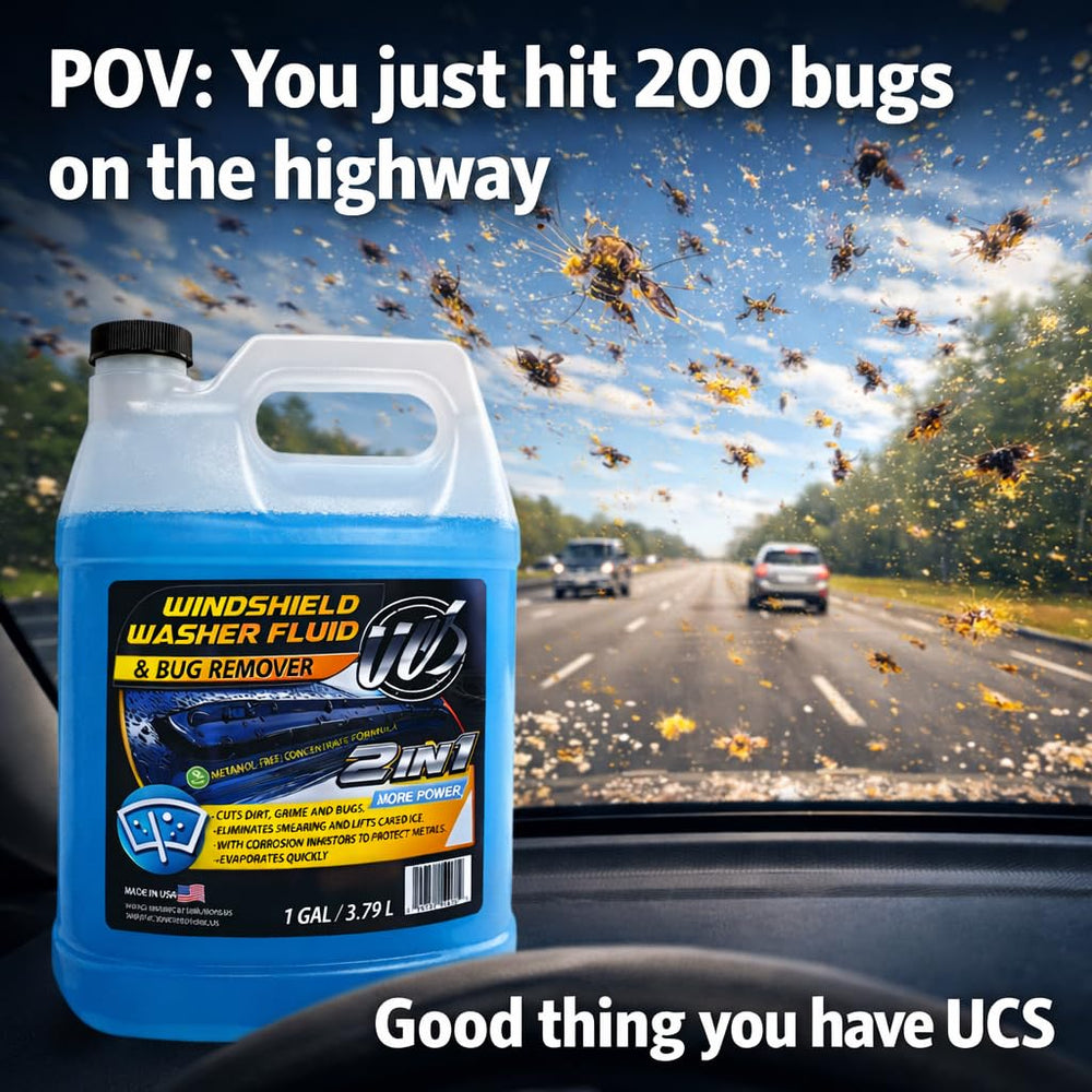 Car windshield treated with UCS fluid during sunny drive