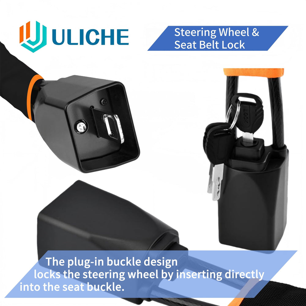 Uliche seat belt lock cable demonstrating universal compatibility.