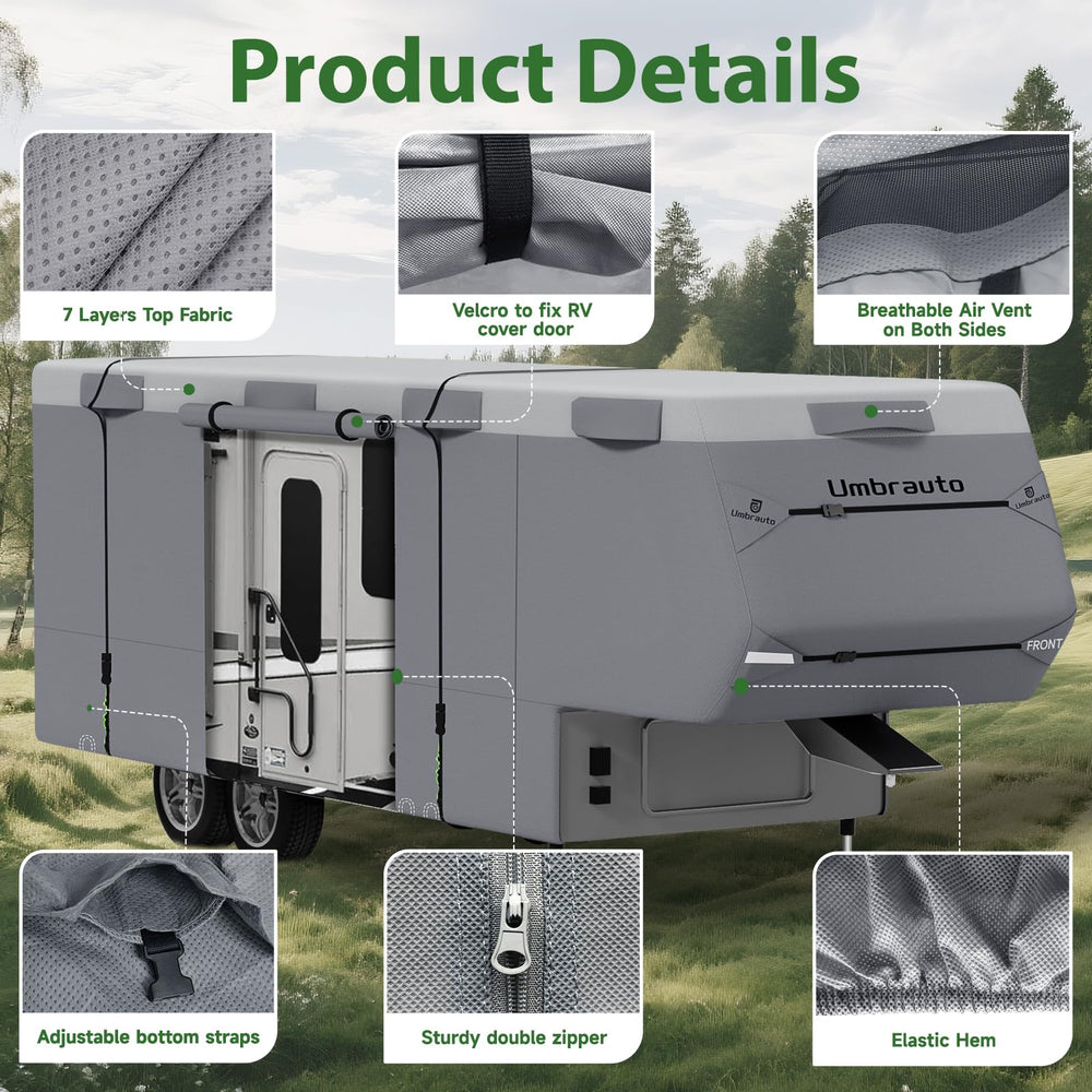 Umbrauto 5th Wheel Cover shown fitting RV up to 40 feet.