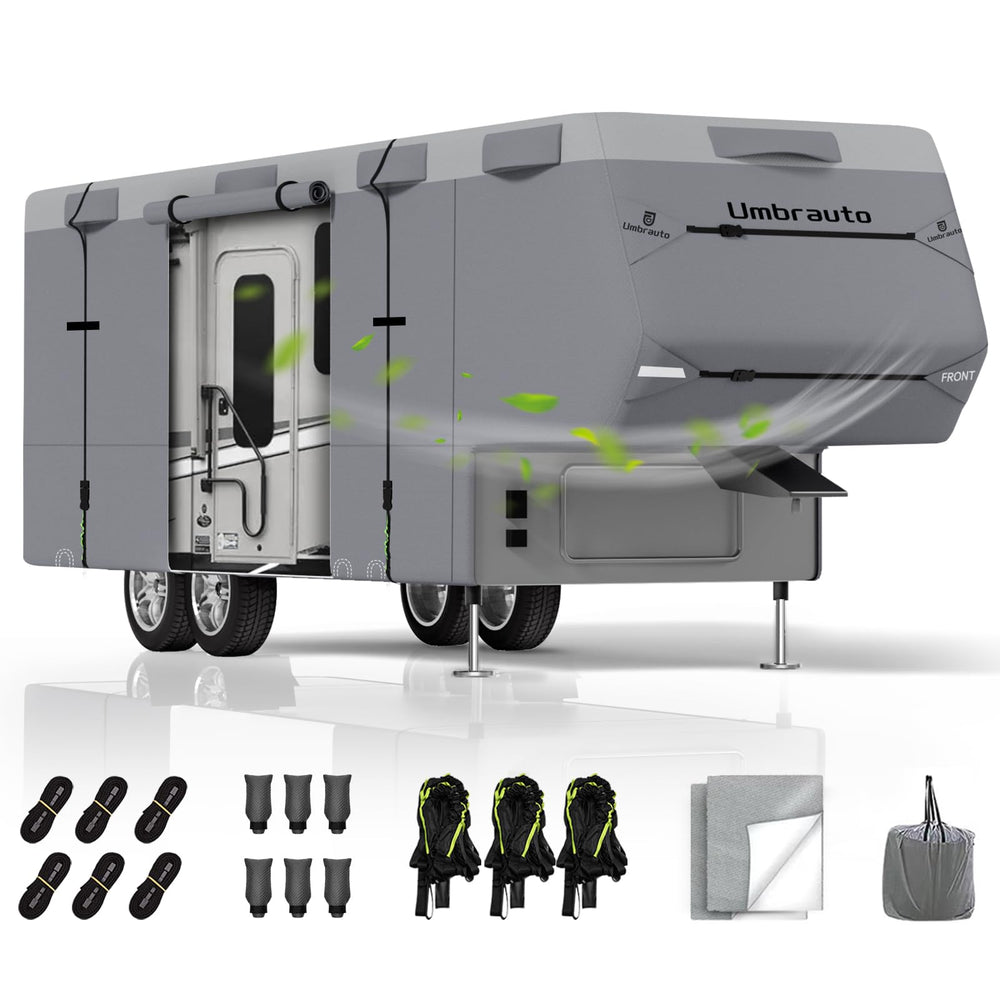 Umbrauto 5th Wheel Cover top view highlighting seven-layer UV protection for durable RV life.