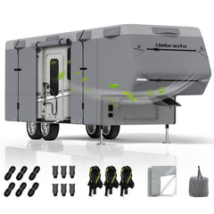 Umbrauto 5th Wheel Cover top view highlighting seven-layer UV protection for durable RV life.