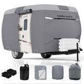 Umbrauto fiberglass travel trailer cover in front view protects a 13-16 ft RV from dust and rain