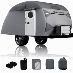 Umbrauto teardrop cover front view protects against dust and weather for 12-15 ft trailers.
